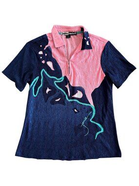 Jamie Sadock Women's Sz M Crinkle Zip Polo Shirt Pink Navy Abstract Print